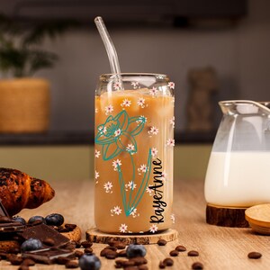Personalized Iced Coffee Cup 16oz Glass Cup, Custom Beer Can Glass with Lid and Straw, Bridesmaid Proposal Gift Glass can coffee cup