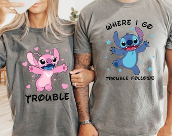 Disney Stitch & Angel Where I Go Trouble Follow Valentine Couple Shirt, Comfort Color, Funny Custom Disney Shirt, Disney Bridesmaid Tee