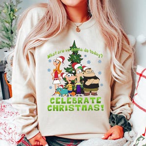 Phineas And Ferb Celebrate Christmas Shirt, Phineas Perry Candace Feb Santa Hat, WDW Magic Kingdom Family Vacation Christmas Gift