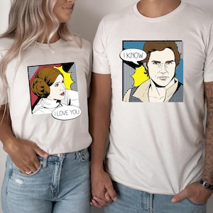 Camiseta de pareja "Te amo, lo sé" de Star Wars, Han Solo y la princesa Leia, color cómodo, divertida camiseta vintage de fan de Star Wars, camiseta familiar de Disney