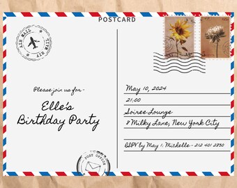 Invitación de cumpleaños de postal / Plantilla personalizable / Plantilla Canva editable / Imprimible / Producto digital / Postal vintage