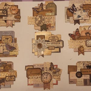 Może przedstawiać: Kolekcja dziewięciu zestawów papierowych efemeryd w stylu vintage, zawierających warstwowe skrawki postarzanego papieru, koronki, wycinanki motyli, tarcze zegarów i guziki. Każdy zestaw zawiera drukowany tekst, znaczki pocztowe i ozdobne etykiety w odcieniach sepii.
