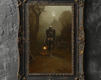 Póster de cementerio victoriano con esqueletos a la luz de la luna, arte de pared, decoración del hogar, academia oscura, regalo de Halloween, estilo cottagecore brujo, arte gótico