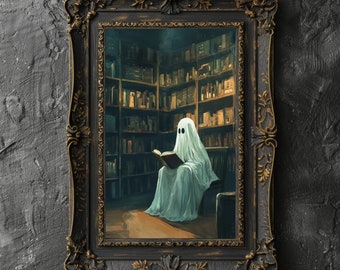 May include: A framed painting of a ghost reading a book in a library. The ghost is wearing a white sheet and has two black eyes. The library is filled with bookshelves and has a dark, mysterious atmosphere.