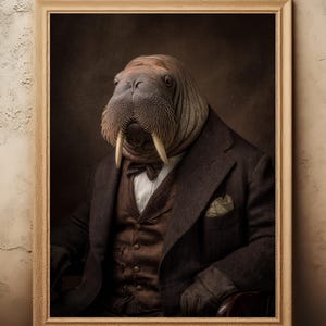 May include: Framed portrait of a walrus in a dark brown suit, vest, and bow tie. The walrus has large tusks and a distinguished expression. The background is a muted brown, and the frame is a light wood color.
