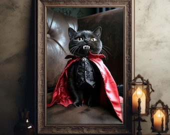 Arte de pared de gatito vampiro, decoración de gato de Dark Academia, decoración gótica, arte de pared de Halloween, gato negro, arte de brujas, regalo de Halloween con decoración gótica