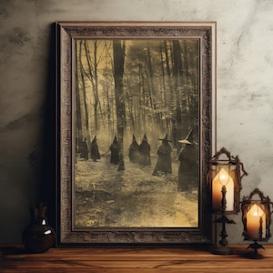 Hexen im verwunschenen Wald Vintage Gothic Wand Kunst Druck, Mythische Hexe Halloween Poster Druck, Wicca Wandkunst, Dark Academia