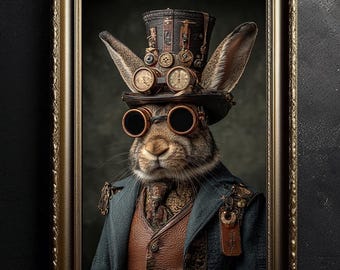 May include: Framed portrait of a rabbit in steampunk clothing. The rabbit is wearing a top hat, goggles, and a dark blue coat over a brown waistcoat. The image has a vintage style with a dark background and a gold frame.