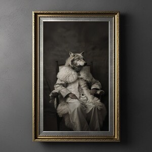 Op de afbeelding: Een ingelijst portret van een wolf die een witte bontjas draagt en op een stoel zit. De wolf heeft een serieuze uitdrukking op zijn gezicht. Het portret is in een gouden lijst met een decoratieve rand.