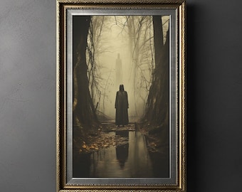 Witch in Haunted Forest Vintage Gothic Wall Art Print - Dark Surreal Mythical Witch Halloween Poster Print, Wiccan Wall Art, Dark Academia