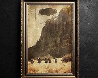 May include: A vintage-style framed photograph showing a group of people walking towards a large rock formation with a flying saucer hovering above. The image has a faded, sepia tone and a textured background.