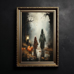 Trick or Treat Kids Haunted Forest Vintage Gothic Wall Art Print, Mythical Witch Halloween Poster Print, Wiccan Wall Art, Dark Academia