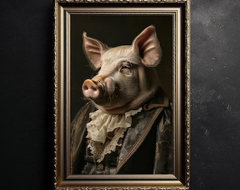 Victorian Pig Wall Art, Dark Academia, Vintage Photography, Animal Art Vintage Poster, Home Decor, Gothic Decor, Moody Aesthetic Home Decor