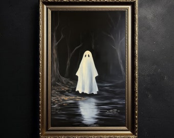Ghost in the Swamp, Sheeted Ghost Art Print, Cute Little Ghost Face Spooky Gothic Printable, Abandoned Art, Dark Academia Room Decor