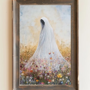 Arte de pared pintado a mano con diseño de fantasmas y flores para imprimir, estilo gótico, oscuro, académico, decoración del hogar, regalo fantasmal, decoración espeluznante, fantasma etéreo