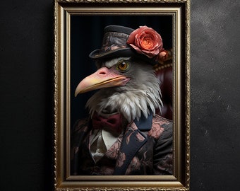 May include: A portrait of a bird wearing a black top hat with a pink rose, a burgundy bow tie, and a patterned suit jacket. The bird is framed in a gold ornate frame.