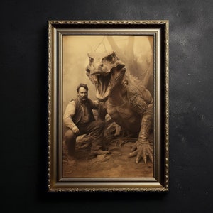 Dragon Cowboys, Vintage photography, Art Poster Print, Dark Academia, Gothic Occult Poster, Gothic Home Decor, Western Jurassic Dragon Tamer