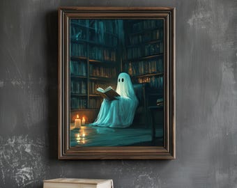 PRINTABLE Painted Library Ghost Decor Reading Ghost Book Lover Gift Vintage Oil Painting Gothic Dark Academia Wall Art Ghost Halloween Decor