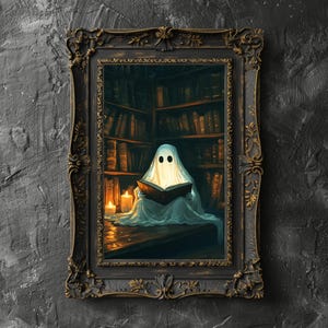 PRINTABLE Painted Ghost Decor Reading Ghost Book Lover Gift Vintage Oil Painting Gothic Dark Academia Wall Art Ghost Halloween Library Decor