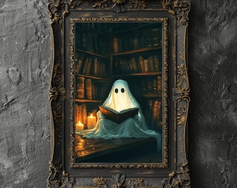 Painted Ghost Decor Reading Ghost Book Lover Gift Vintage Oil Painting Gothic Dark Academia Wall Art Ghost Gift Halloween Library Decor