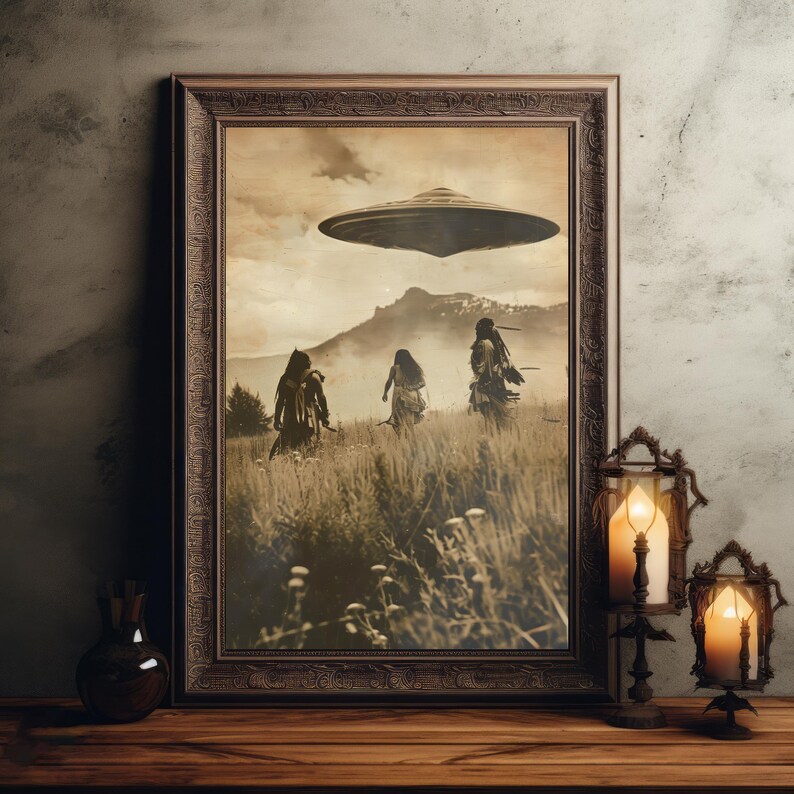 May include: Sepia-toned framed print depicting three figures in a field beneath a hovering UFO. The artwork has a vintage aesthetic, with a mountain range in the background. The frame is dark brown, and the overall theme is science fiction.
