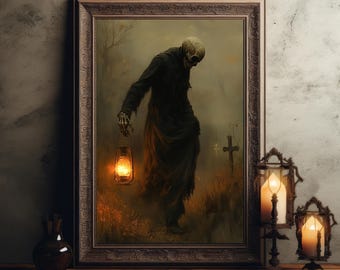 Póster de arte de pared con esqueletos de cementerio a la luz de la luna, decoración del hogar, academia oscura, regalo de Halloween, cottagecore de brujería, arte gótico, cementerio victoriano