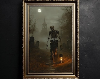 Póster de cementerio victoriano con esqueletos a la luz de la luna, arte de pared vintage, decoración del hogar, academia oscura, regalo de Halloween, arte gótico brujo