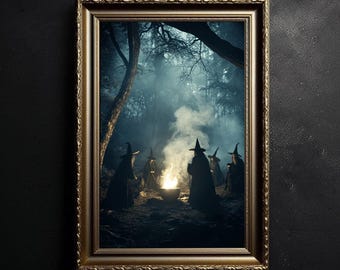 DRUCKBAR Vintage Wicca Wand Kunst Gothic Dekoration Hexenkessel im Wald Mythic Witch Halloween Poster Print Wiccan Dark Academia