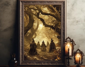 Impression d'art mural sorcières gothiques vintage dans la forêt enchantée, impression d'affiche d'Halloween sorcière mythique, art mural wicca, Dark Academia