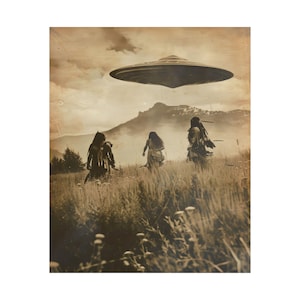Ancient Tribal Indigenous UFO Wall Art, Vintage Alien Encounter Print, Sepia Mystery Landscape, Cinematic Sci Fi Decor, Rustic Poster image 13