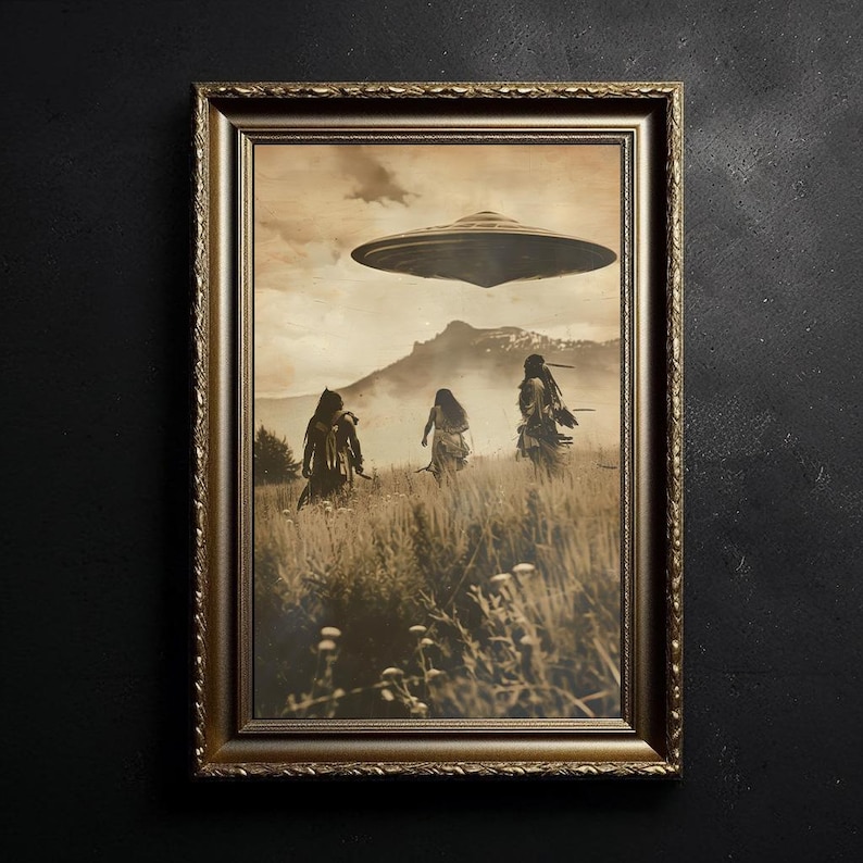 Ancient Tribal Indigenous UFO Wall Art, Vintage Alien Encounter Print, Sepia Mystery Landscape, Cinematic Sci Fi Decor, Rustic Poster image 2