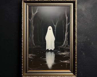 Fantasma en el pantano, impresión de arte fantasma con sábanas, linda cara de fantasma espeluznante gótico imprimible, arte abandonado, decoración de la habitación de la academia oscura