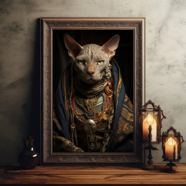 Portrait d'art animalier Sphynx Pharaoh Kitty Dark Academia, art mural animalier de Style vintage, esthétique égyptienne, impression affiche d'art, décoration d'intérieur