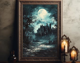 Vintage Haunted House Halloween Haunted Mansion Wall Art Dark Academia Print Spooky House Art Print Halloween Poster Witchy Decoration