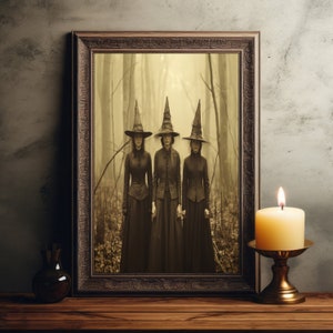 Three Witches in Haunted Forest Vintage Gothic Wall Art Print, Dark Academia Witch Decor, Mythical Witch Halloween Poster, Wiccan Wall Art