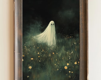 Fantôme de fleurs sauvages peint Art mural fantôme Halloween peinture à l'huile vintage Gothique sombre milieu universitaire Décoration d'intérieur Cadeau fantôme Décoration d'Halloween Fantôme