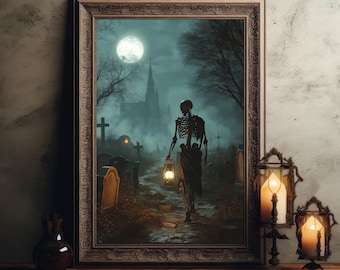 Póster de cementerio de Halloween con esqueleto a la luz de la luna, decoración gótica de la academia oscura, arte de pared de Wicca de humor oscuro, regalo de Halloween espeluznante