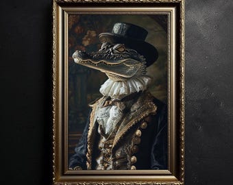 DRUCKBAR Viktorianische Alligator Porträt Wandkunst, Gotische Tiermalerei Druck, Dark Academia Krokodilkunst, Antiker Stil Gentleman Dekor