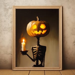 Skeleton Vintage Halloween Pumpkin Wall Art Vintage Oil Painting Ghost Candle Gothic Dark Academia Home Decor Ghost Gift Witchy Decoration