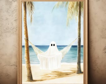 Beach House Ghost Print Wall Art Halloween Decor Vintage Print Spooky Ghost Painting Ocean Decor Dark Academia Coastal Wall Art