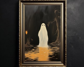 Fantasma en el pantano, pintura de fantasmas, impresión de arte fantasma laminado, lindo pequeño fantasma cara espeluznante gótico, arte abandonado, decoración de la habitación de la academia oscura