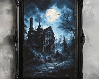 Art mural vintage à imprimer pour Halloween, manoir fantasmagorique, impression de maison hantée, manoir hanté, impressions macabres, art de la maison fantomatique, décoration de sorcellerie