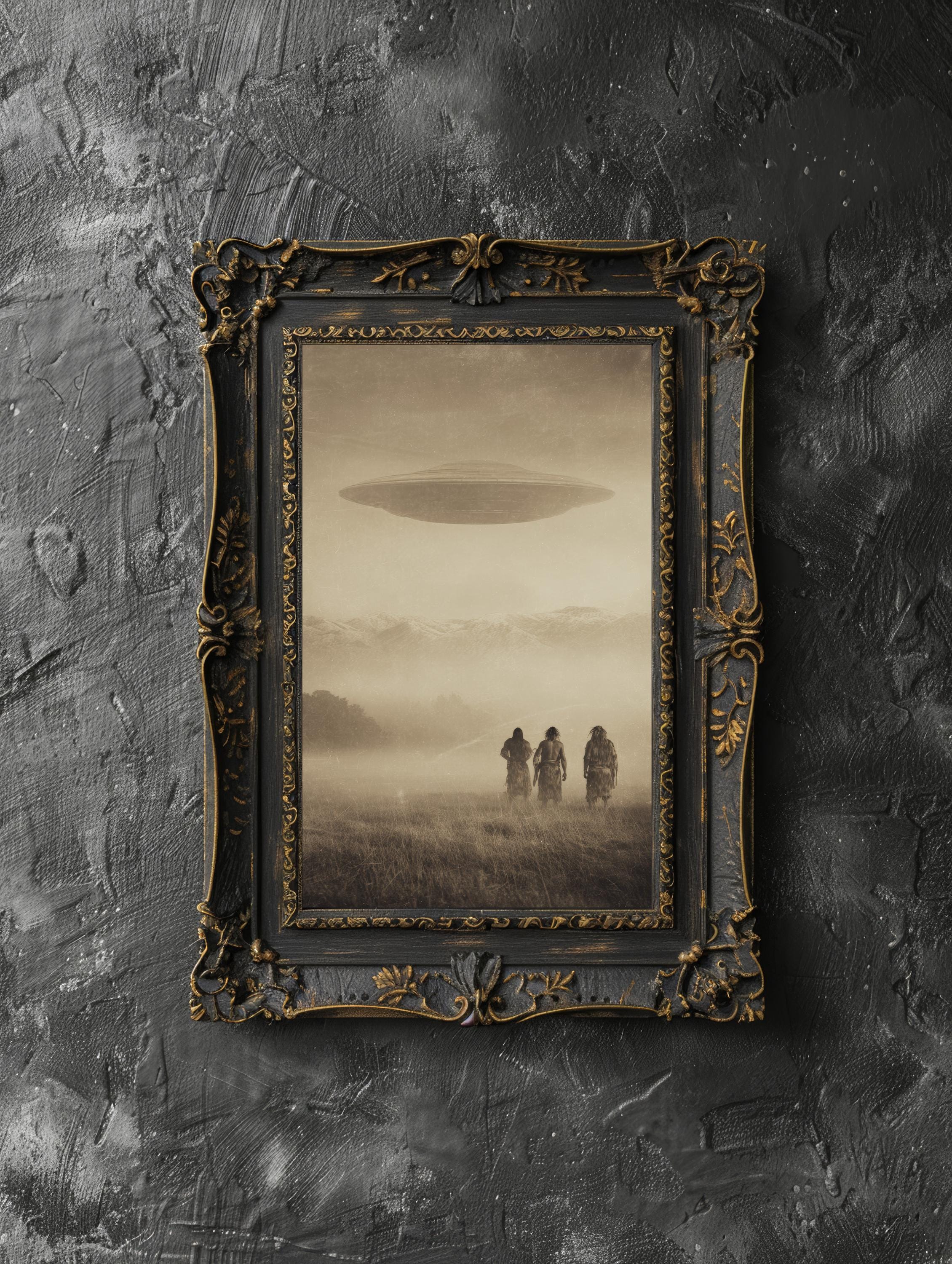 Minimalist UFO Wall Art, Ancient Aliens Landscape Print, Sepia Vintage ...