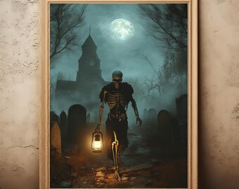 Póster con decoración gótica, esqueleto de Halloween, cementerio, arte de pared, decoración del hogar, regalo de academia oscura, estilo cottagecore brujo, estilo victoriano, luz de luna