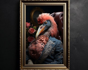 Könnte beinhalten: Ein Porträt eines Vogels, der einen blauen Anzug mit goldenem Muster trägt. Der Vogel hat rosa Federn und einen langen Schnabel. Das Porträt ist in einem goldenen Rahmen gerahmt.