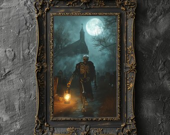 Póster de cementerio victoriano con esqueletos a la luz de la luna, arte de pared, decoración del hogar, academia oscura, regalo de Halloween, estilo cottagecore brujo, arte gótico
