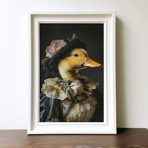 May include: A yellow duck wearing a black hat with pink flowers and a blue and white ruffled dress. The duck is looking to the right of the image.