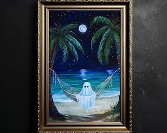 Beach House Decor Halloween Wall Art Ghost Moonlight Ghost Art Vintage Oil Painting Dark Academia Ghost Gothic Witchy Decor Ghost Gift