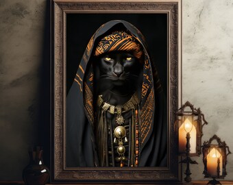 Egyptian Pharaoh Kitty Dark Academia Animal Art Portrait, Vintage Style Animal Wall Art, Egyptian Aesthetic, Art Poster Print, Home Decor