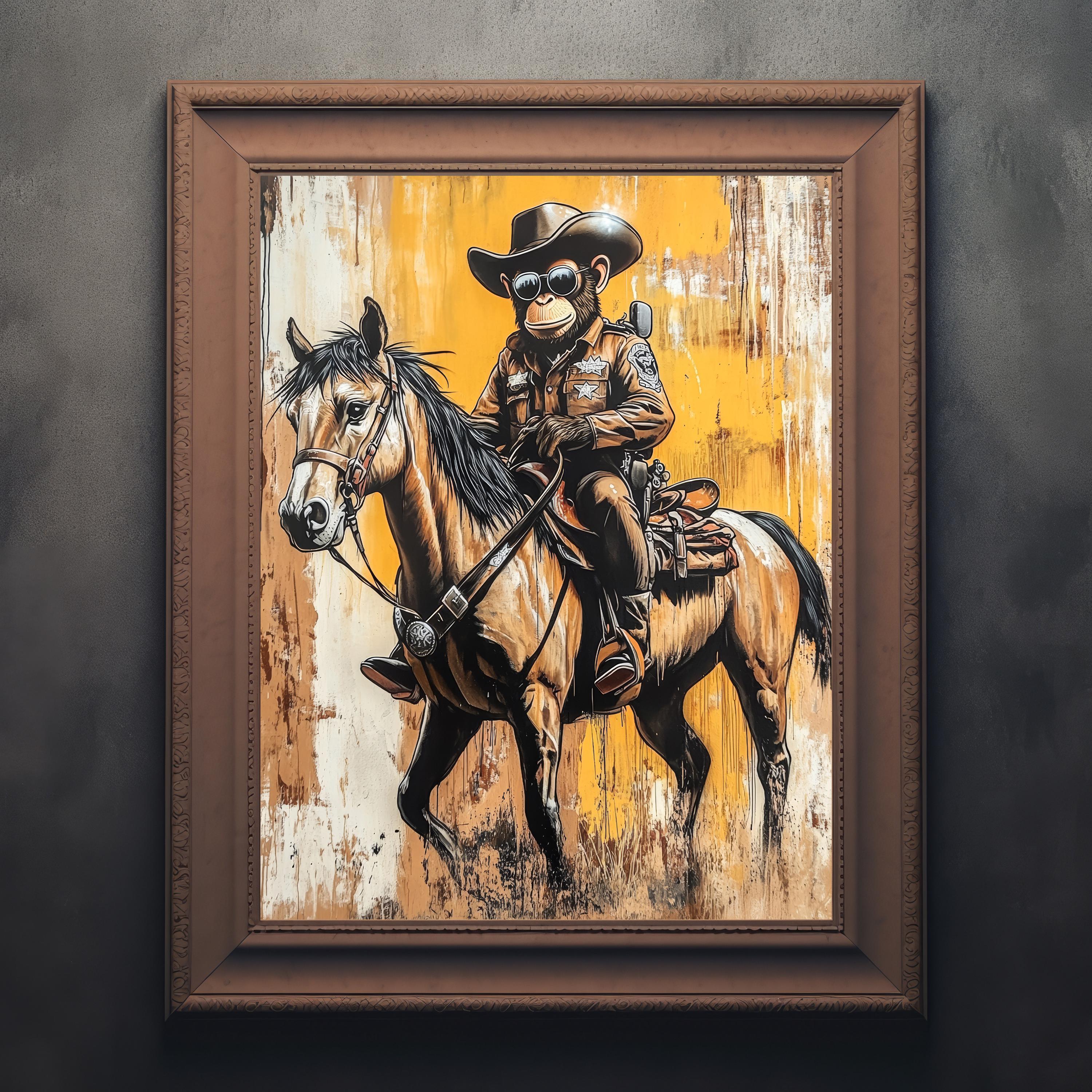 Cowboy Monkey Sheriff Illustration Wall Art Riding Horse Poster Rustic ...